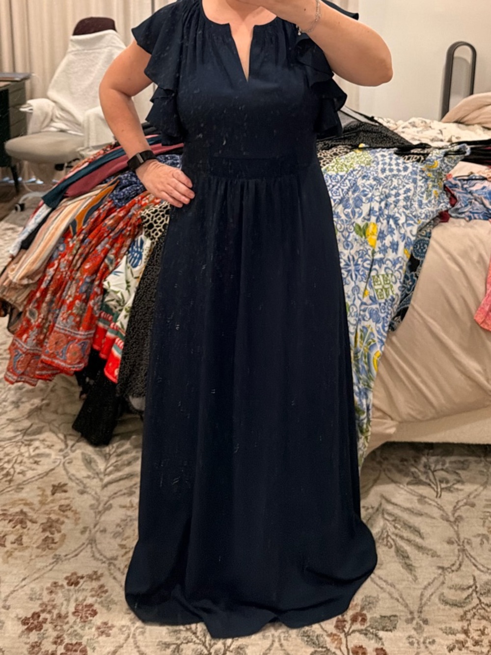 Whistles Navy Flutter-Sleeve Maxi Dress